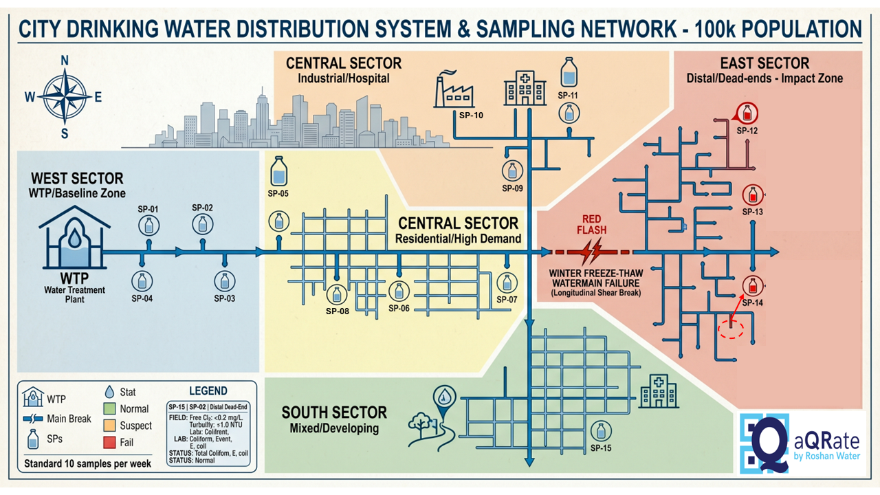 City Drinking Water Distribution System & Sampling Network schematic showing all zones, sectors, pipe layout, and sampling points